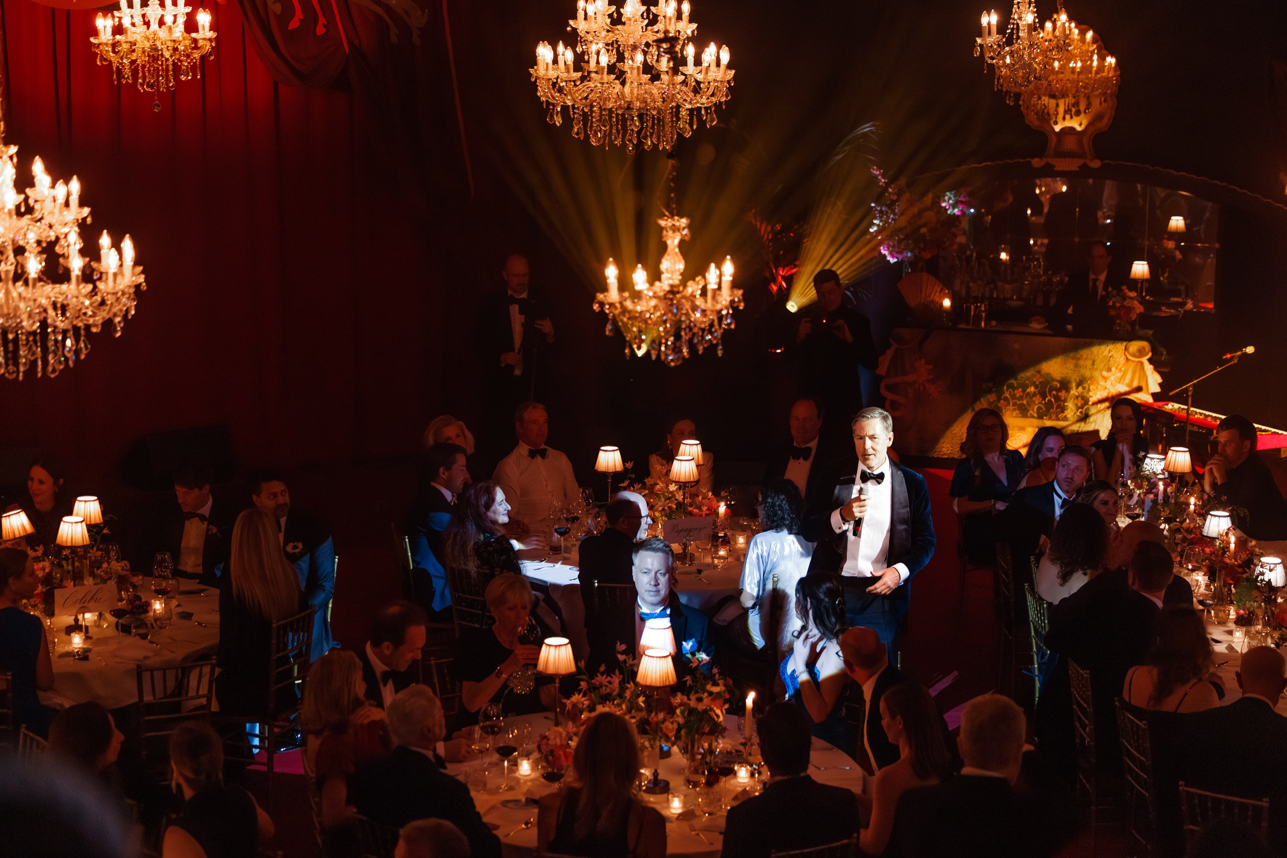 Gala dinner under chandeliers